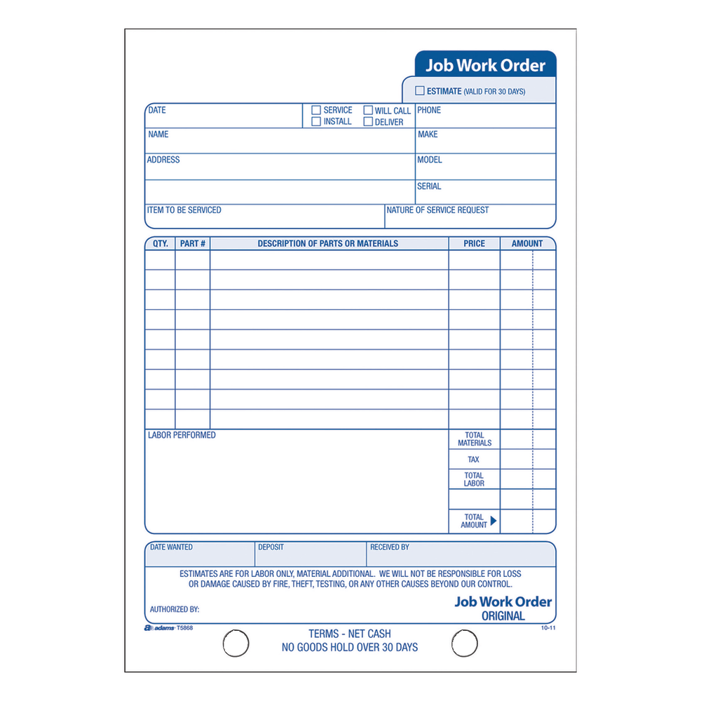 Adams® Carbonless Job Work Order Book, 5 9/16"