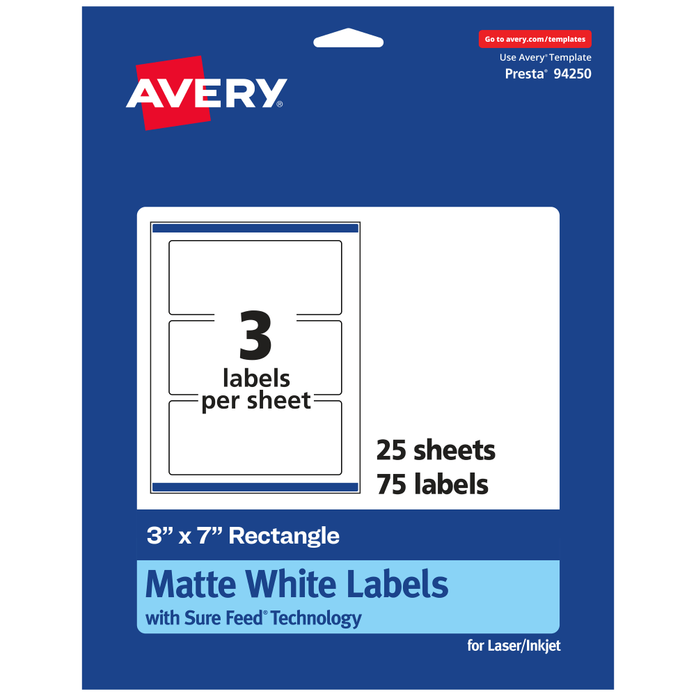 Avery® Permanent Labels With Sure Feed®, 94250-WMP25, Rectangle,