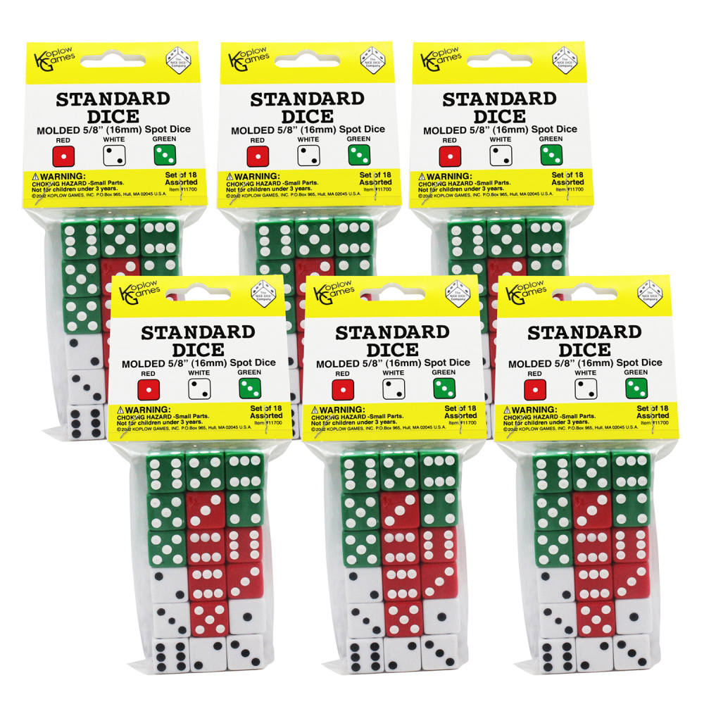 Koplow Games Dot Dice Sets, 5/8", Red/White/Green, Pre-K