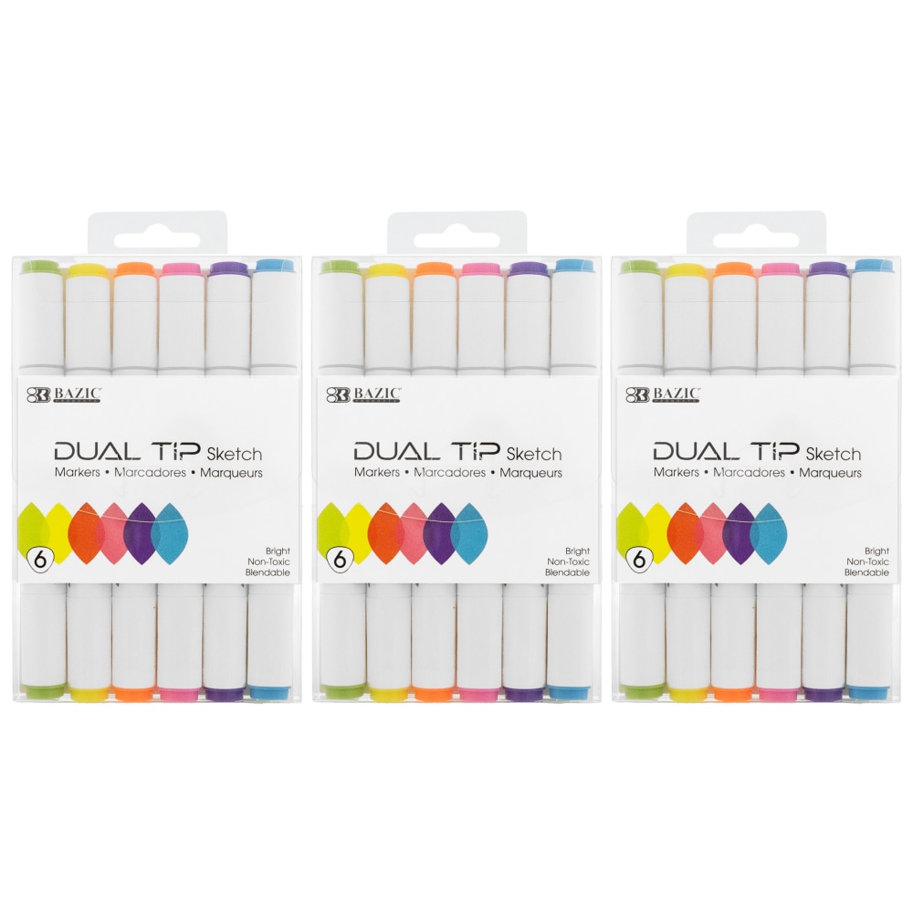 BAZIC Products Dual Tip Sketch Markers, Fluorescent Colors,