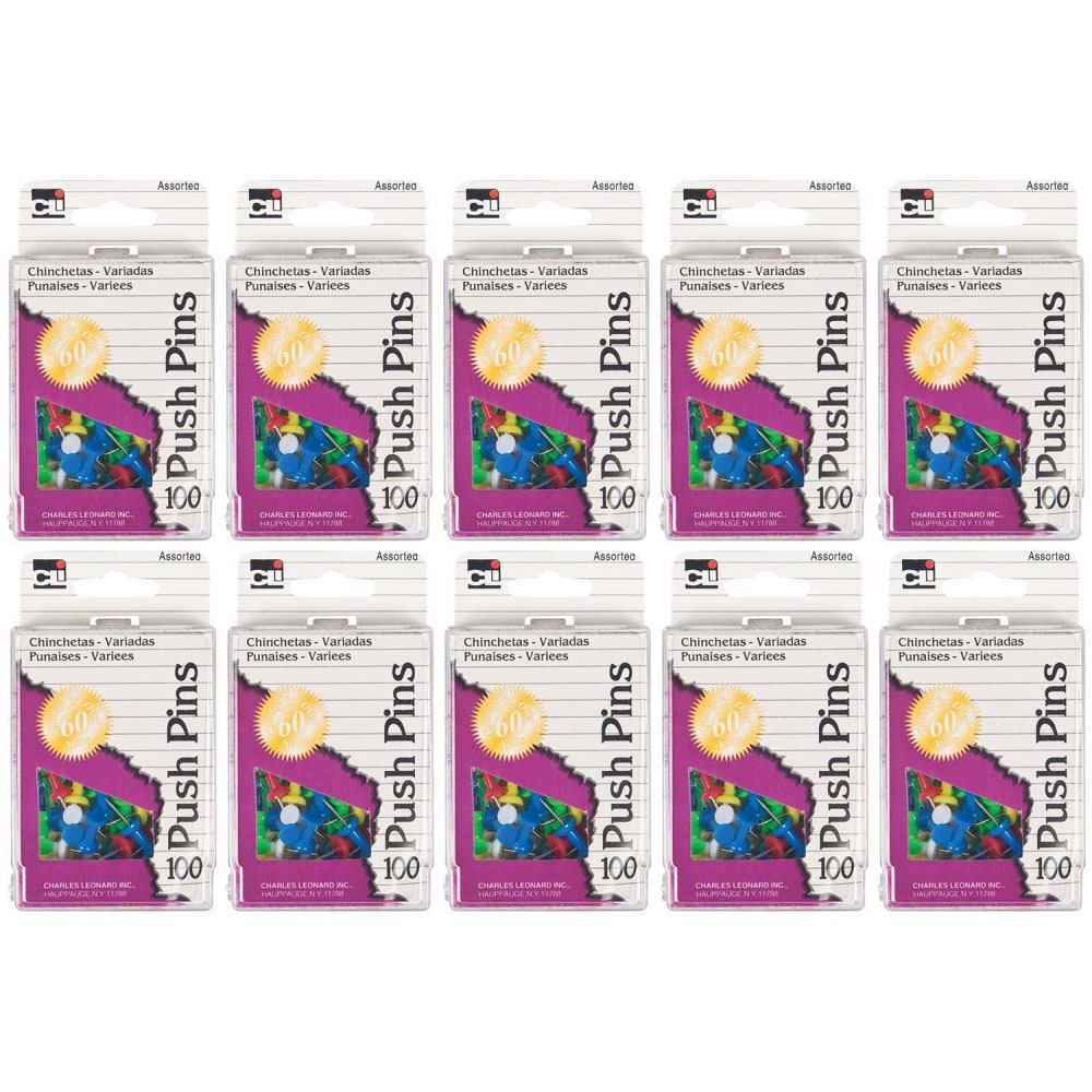 Charles Leonard Pushpins, 7/16", Assorted Colors, 100