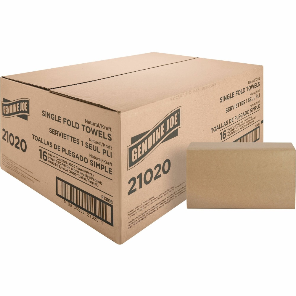 Genuine Joe Single-Fold 1-Ply Paper Towels, Natural, Pack