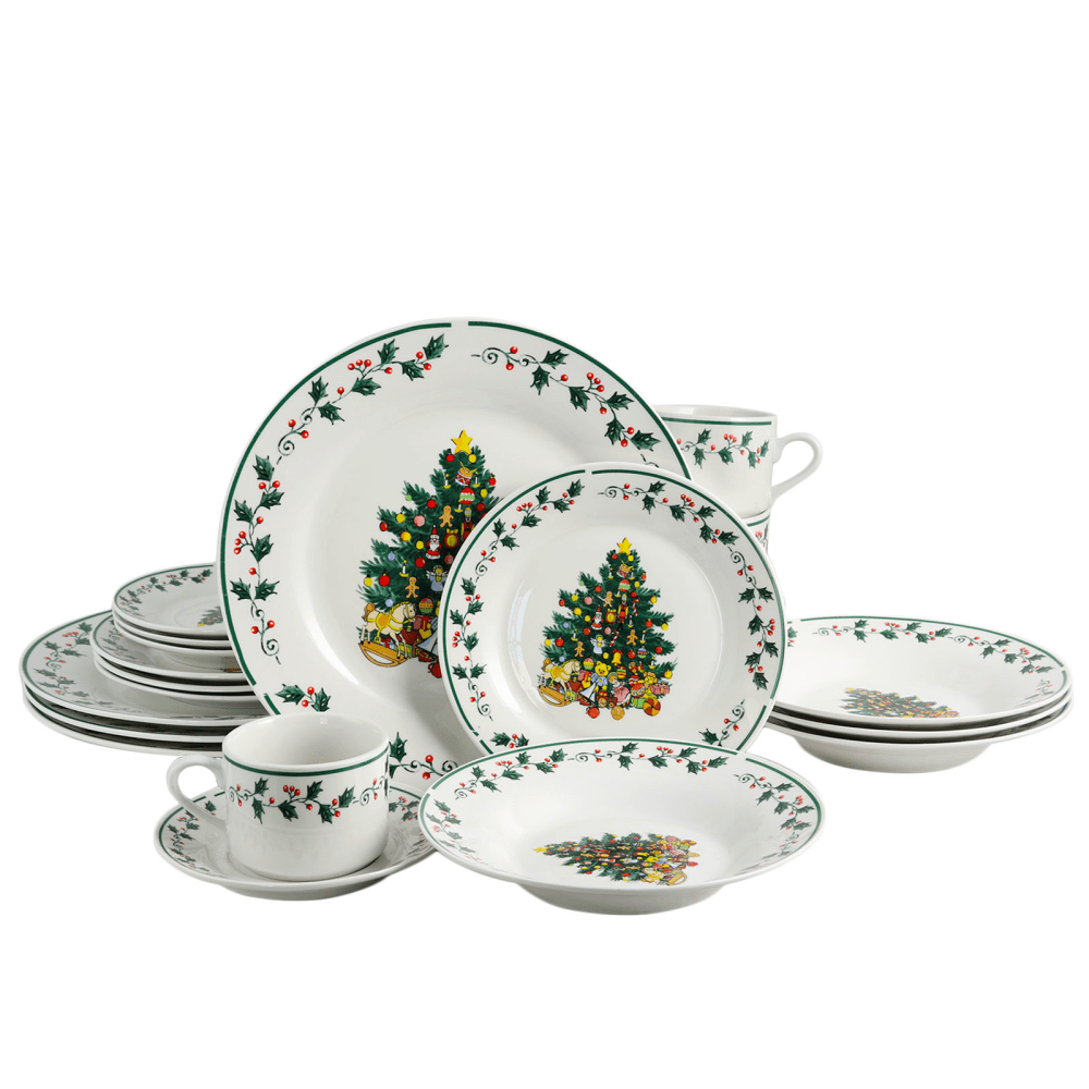 Gibson Home 20-Piece Ceramic Christmas Tree Dinnerware Set,