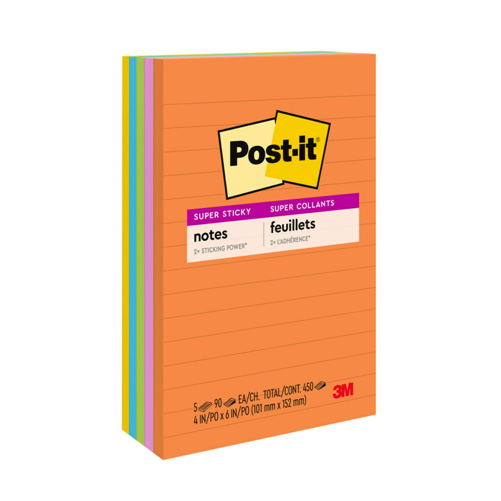 Post-it® Super Sticky Notes, 4&#x27; x 6", 5