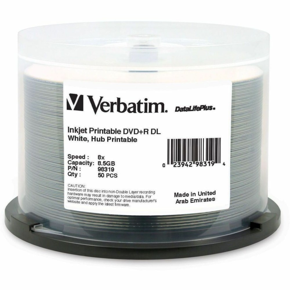 Verbatim® DataLifePlus® DVD+R Printable Disc Spindle, White, Pack