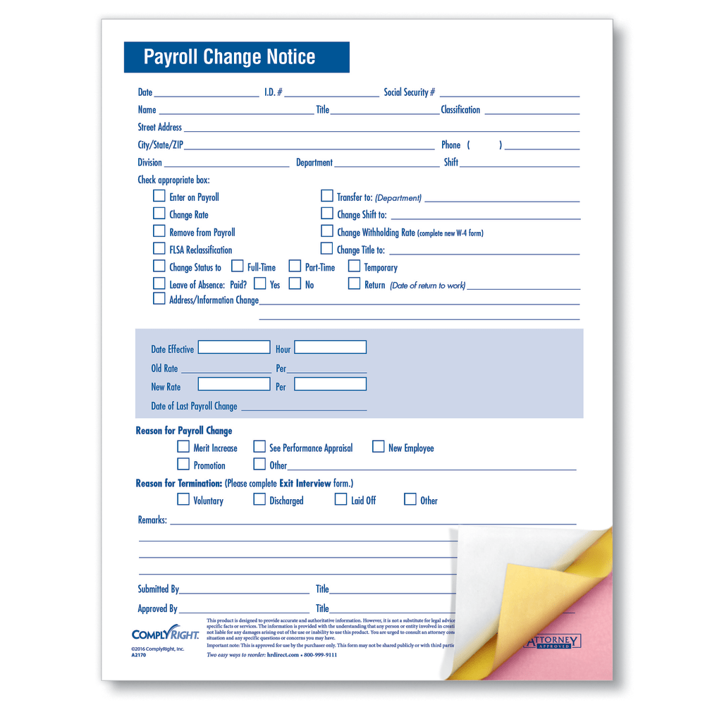 ComplyRight Payroll Change Notice Forms, 3-Part, 8 1/2"