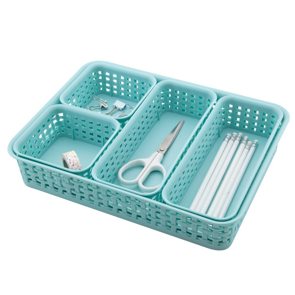 Realspace® Plastic Weave Bin Set, Assorted Sizes, Blue,