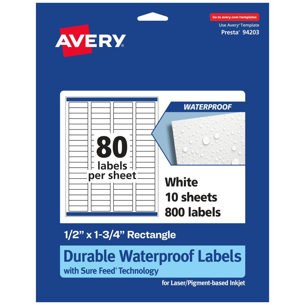 Avery® Waterproof Permanent Labels With Sure Feed®, 94203-WMF10,