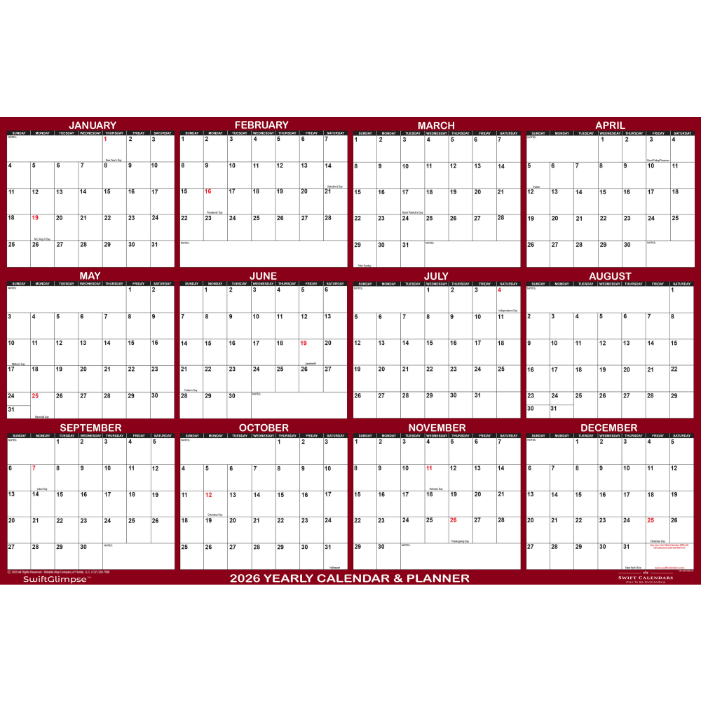 2026 SwiftGlimpse Yearly Erasable Wall Calendar, 36" x