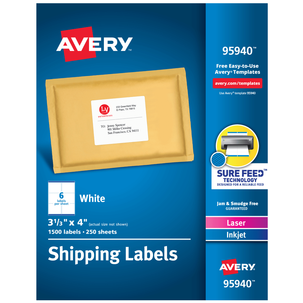 Avery® Shipping Labels With Sure Feed® Technology, 95940,