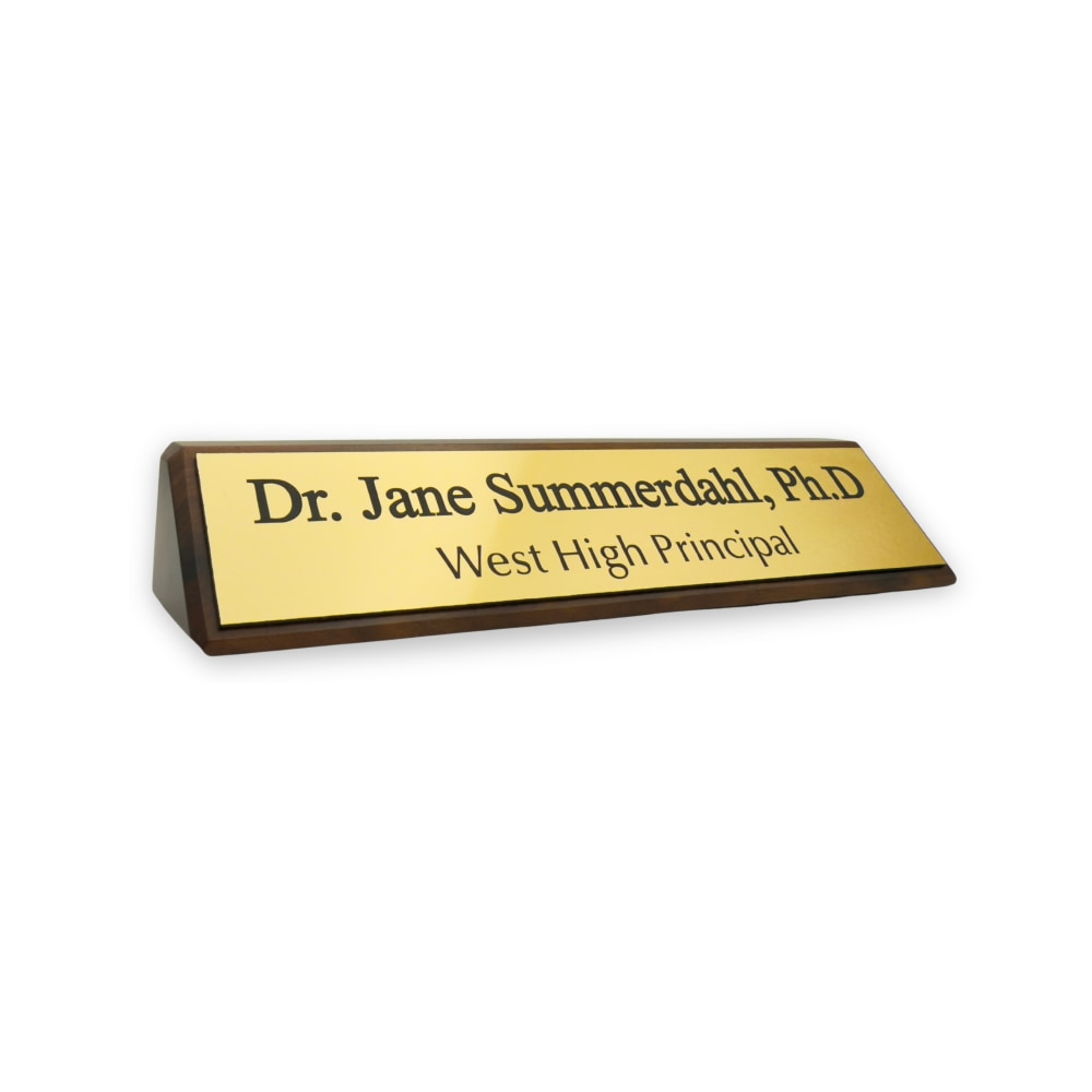 Custom Engraved Plastic Desk Sign With Walnut Desk