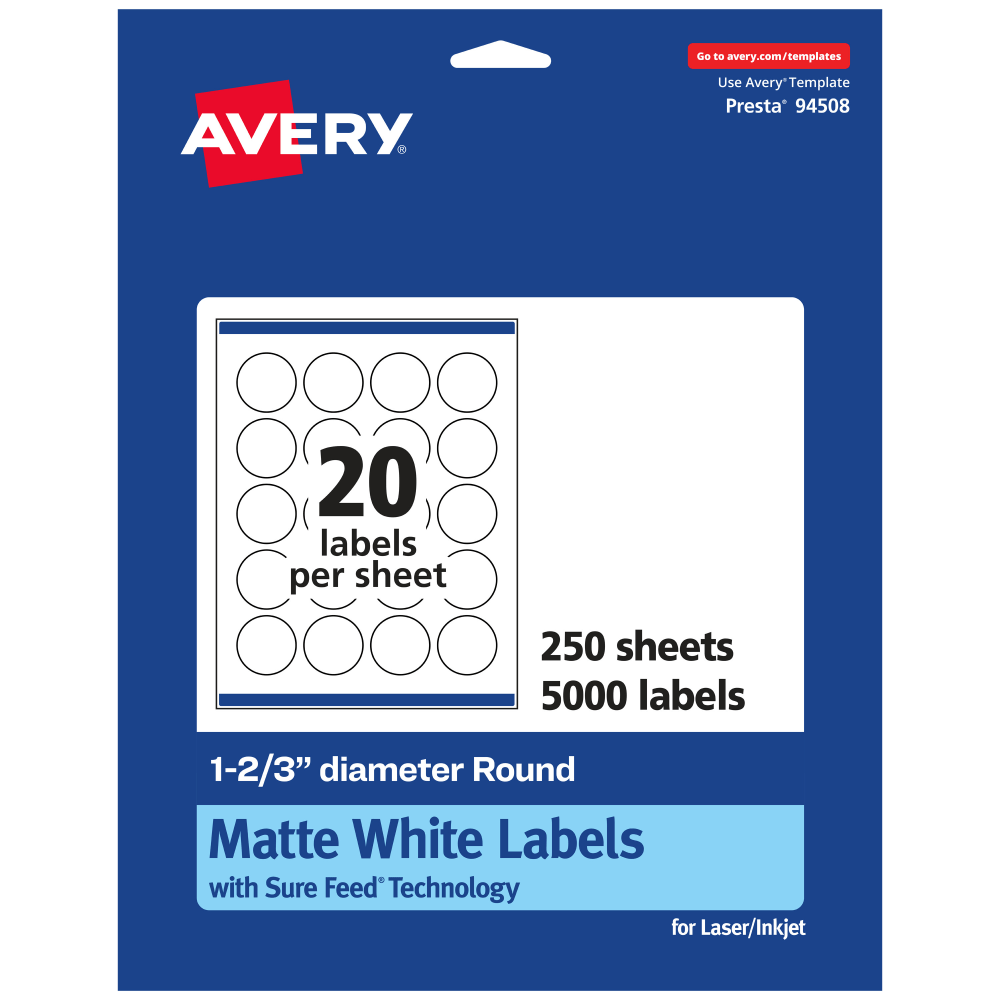 Avery® Permanent Labels With Sure Feed®, 94508-WMP250, Round,