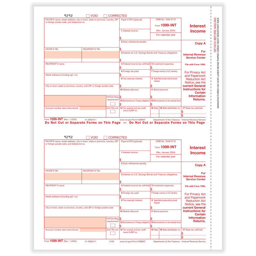 ComplyRight® 1099-INT Tax Forms, 2-Up, Federal Copy A,