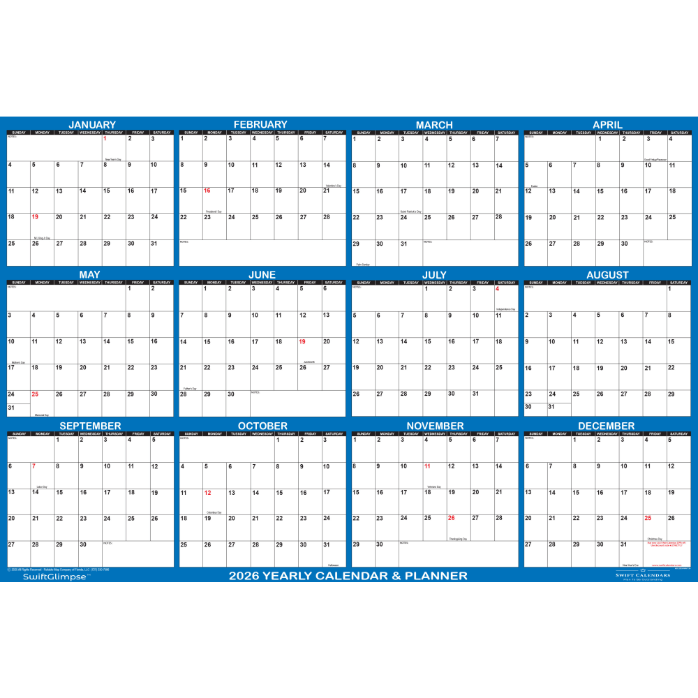 2026 SwiftGlimpse Yearly Erasable Wall Calendar, 36" x