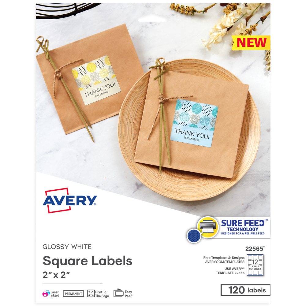 Avery® Printable Square Labels, 22565, 2”W x 2”D,