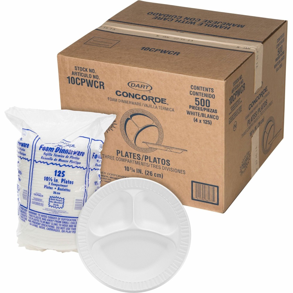 Dart Unlaminated Foam Compartment Plates, 10", White, Pack