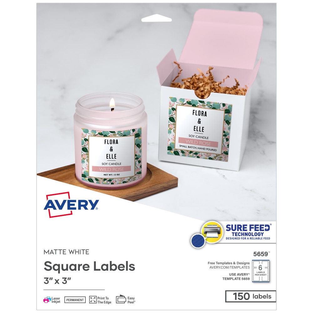 Avery® Printable Labels With Sure Feed®, Square, 3"