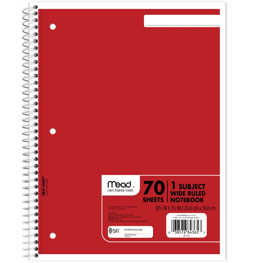 Mead Spiral Notebooks, 7-1/2" x 10-1/2", 1 Subject,