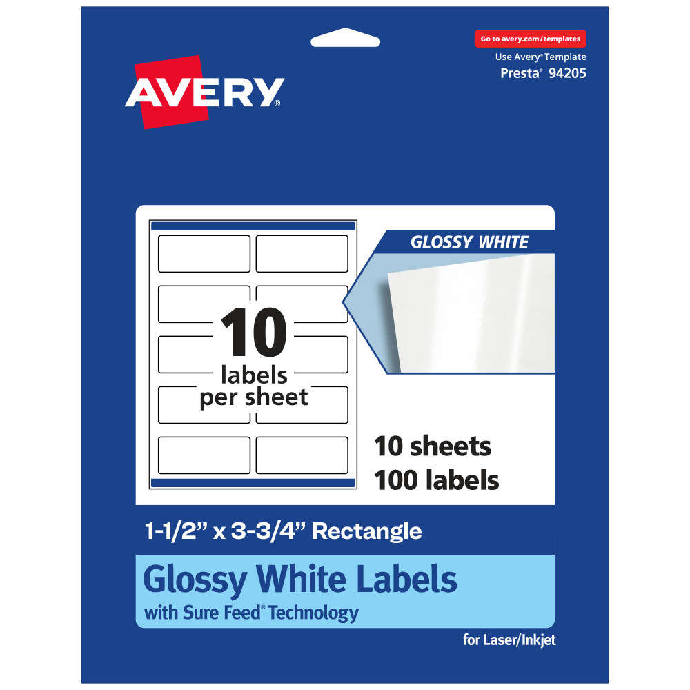 Avery® Glossy Permanent Labels With Sure Feed®, 94205-WGP10,