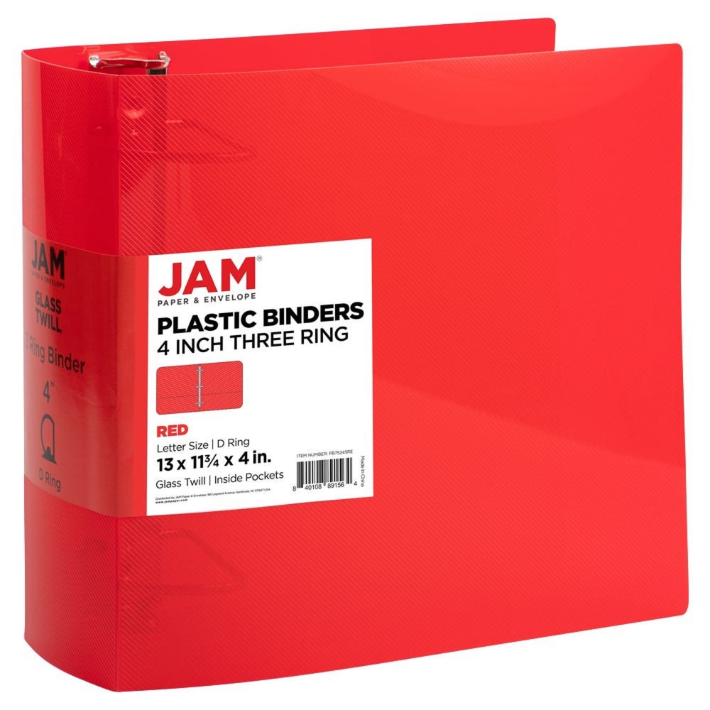 JAM PAPER 3 Ring Plastic Binder, 4 inch,