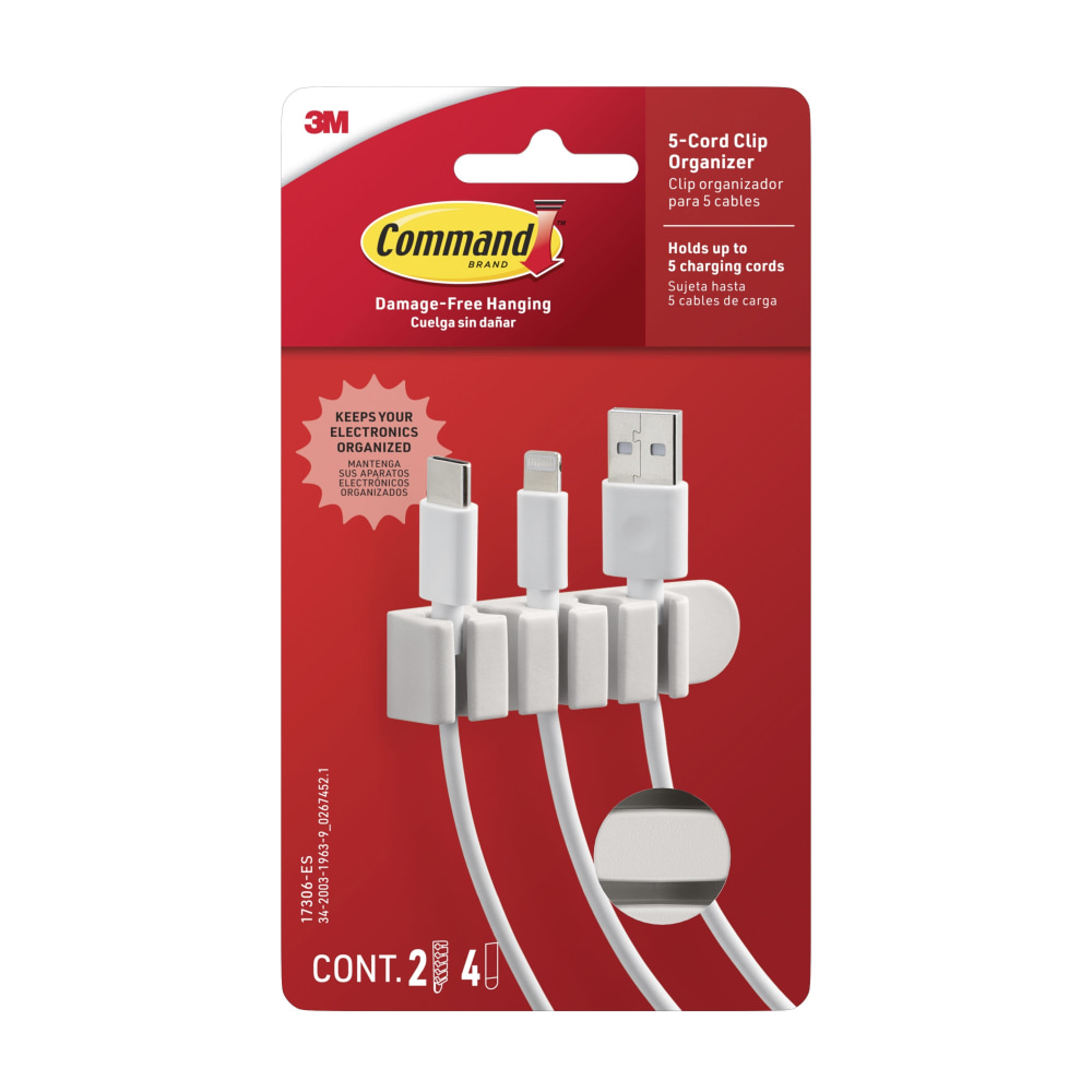 Command™ 5-Cord Clip Organizer, 4 White Clips, 8