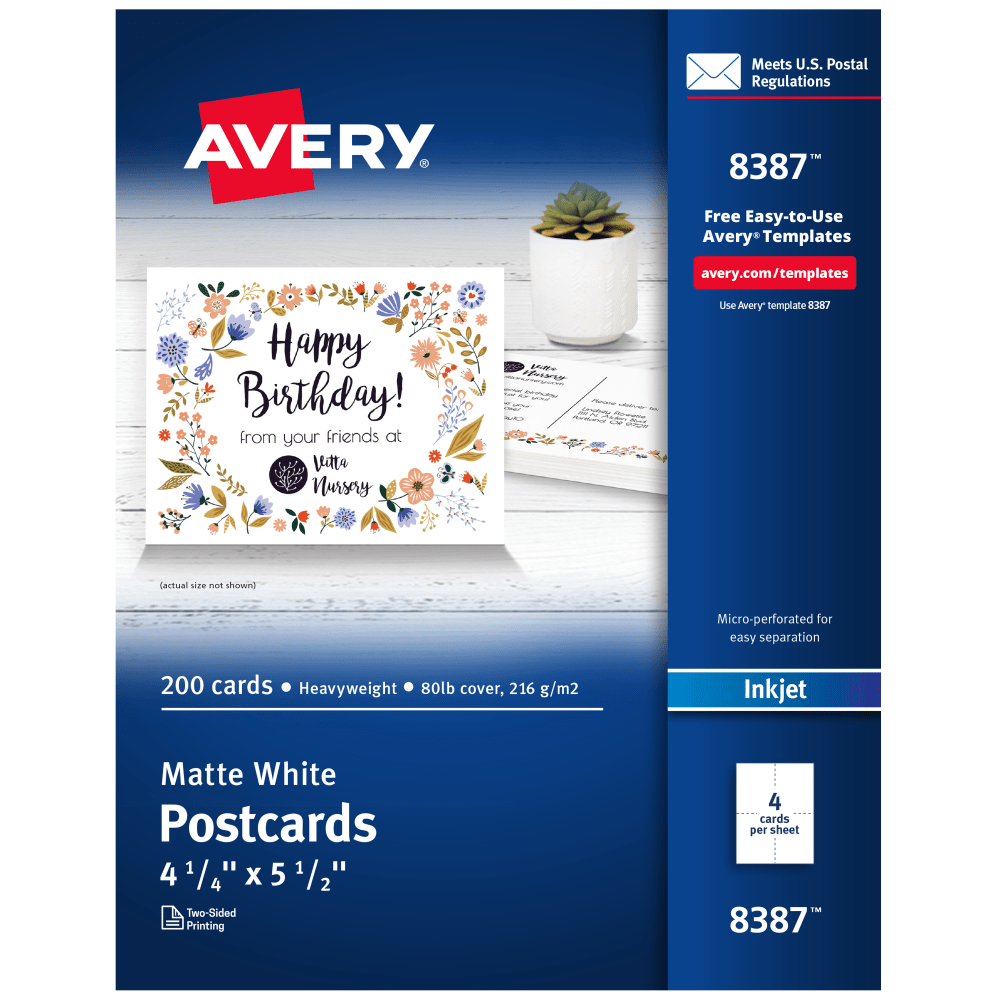 Avery® Inkjet Postcards, 4 1/4" x 5 1/2",