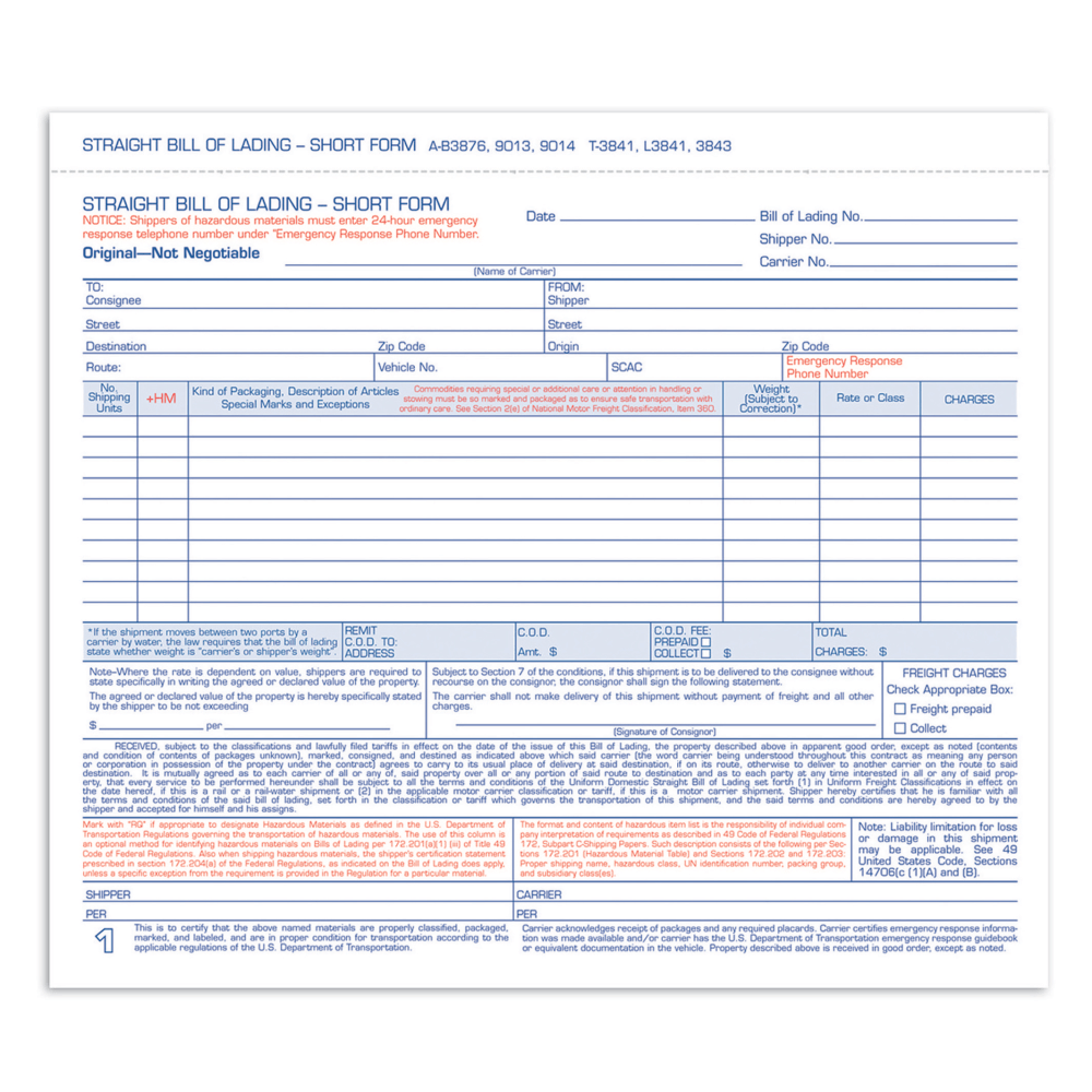 Adams® Bill Of Lading Forms, 7 5/8" x