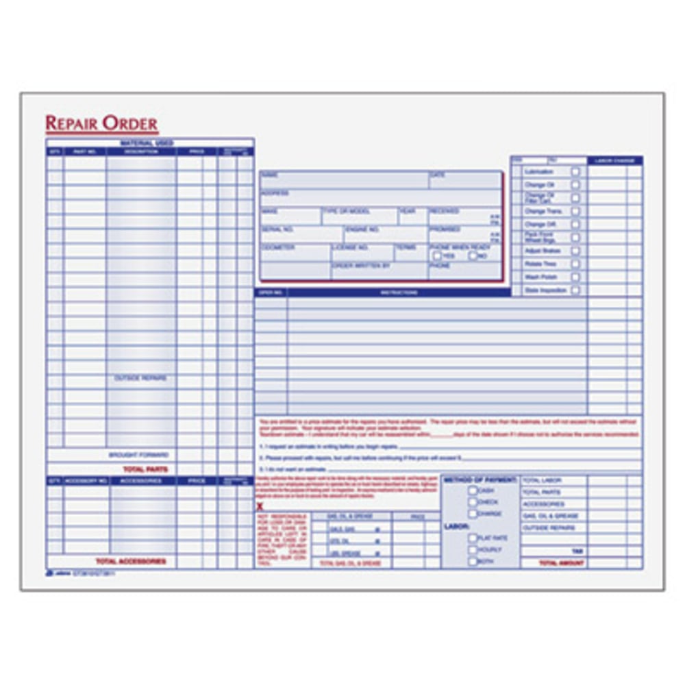 Adams Garage Repair Order Forms, 3-Part, 8 1/2"