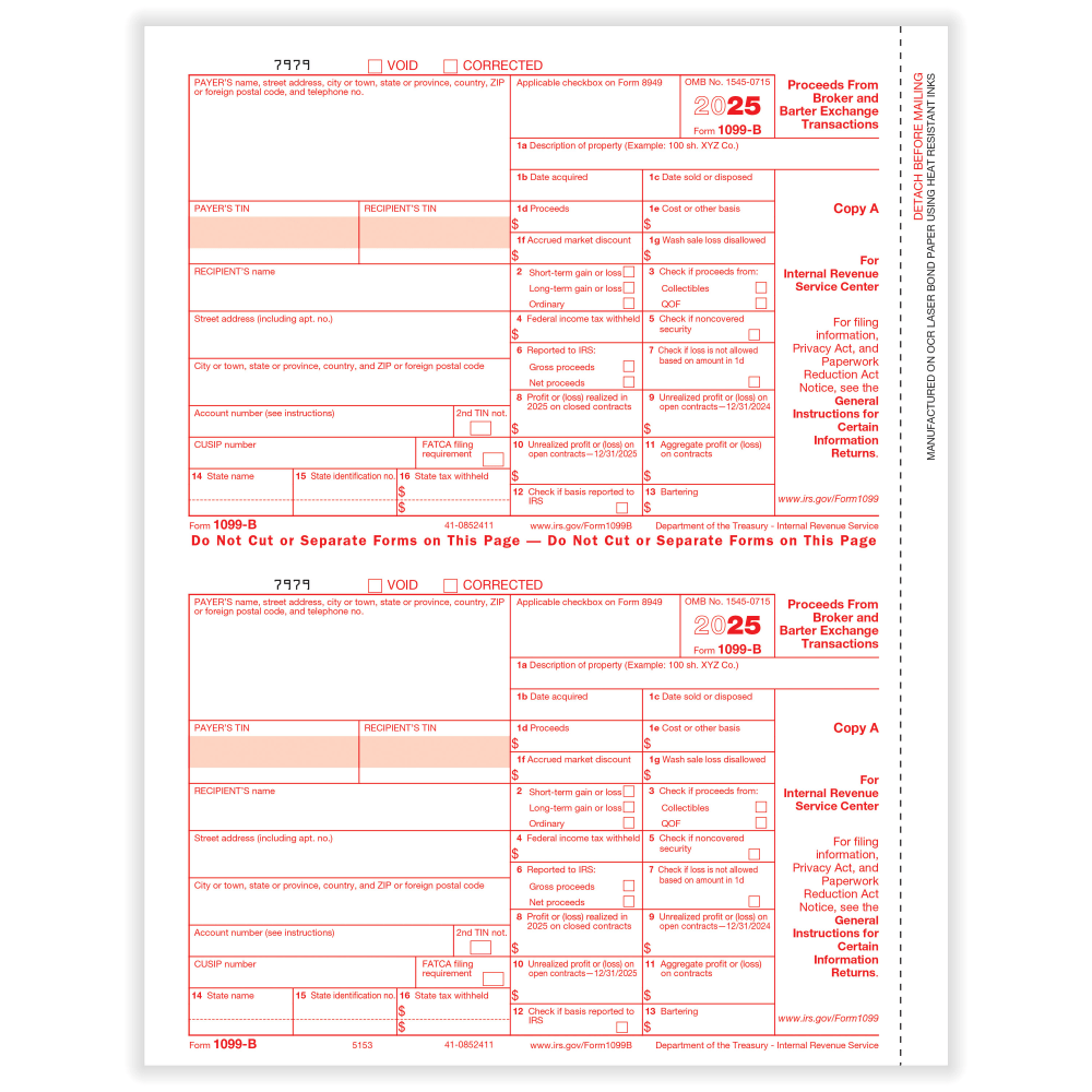 ComplyRight® 1099-B Tax Forms, Federal Copy A, 2-Up,