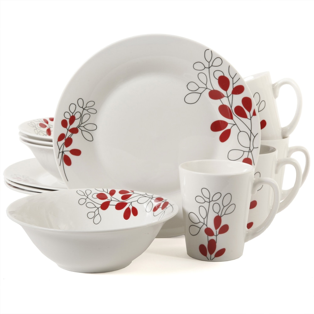 Gibson Scarlet Leaves 12-Piece Dinnerware Set, White/Red