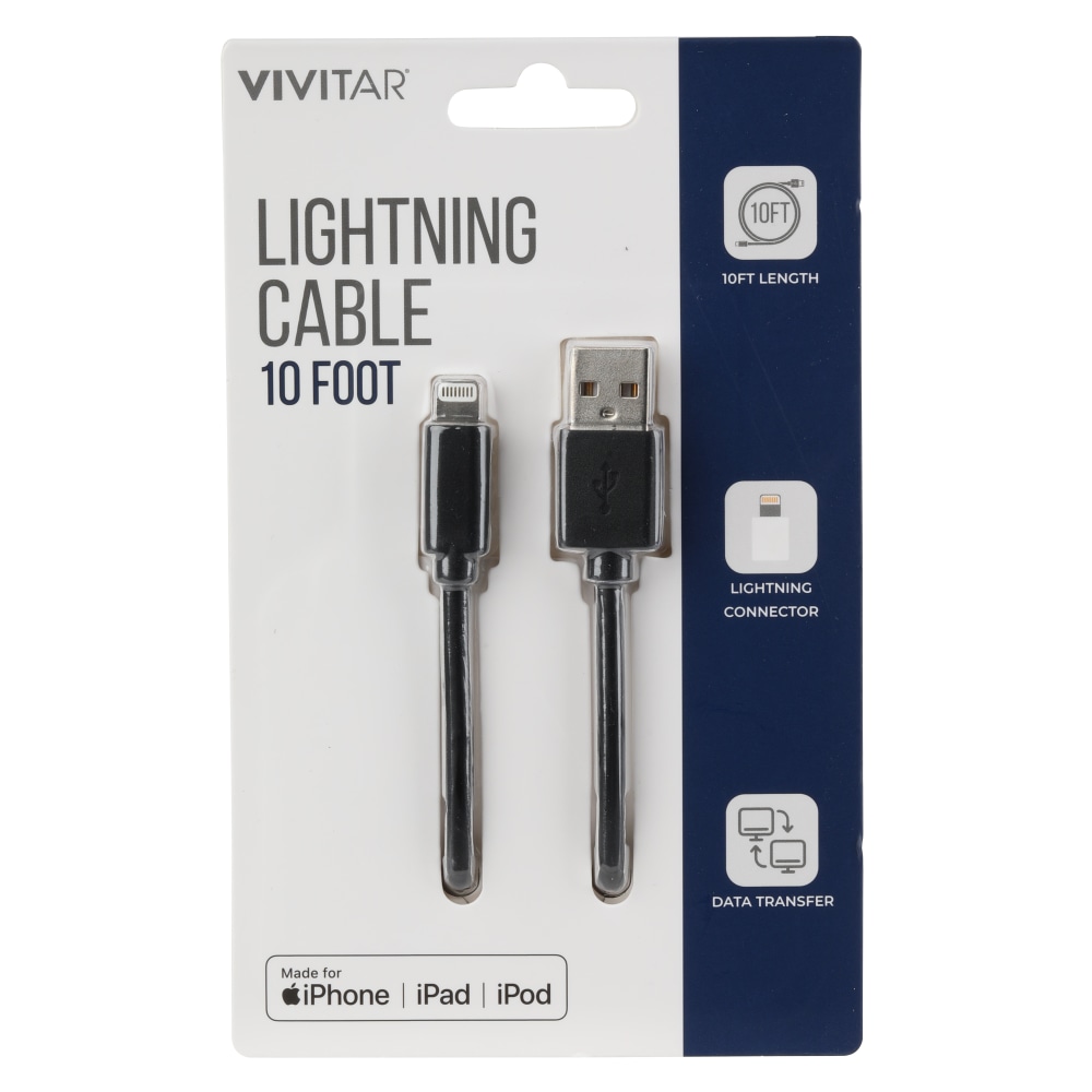 Vivitar Lightning To USB-A Cable, 10&#x27;, Black,