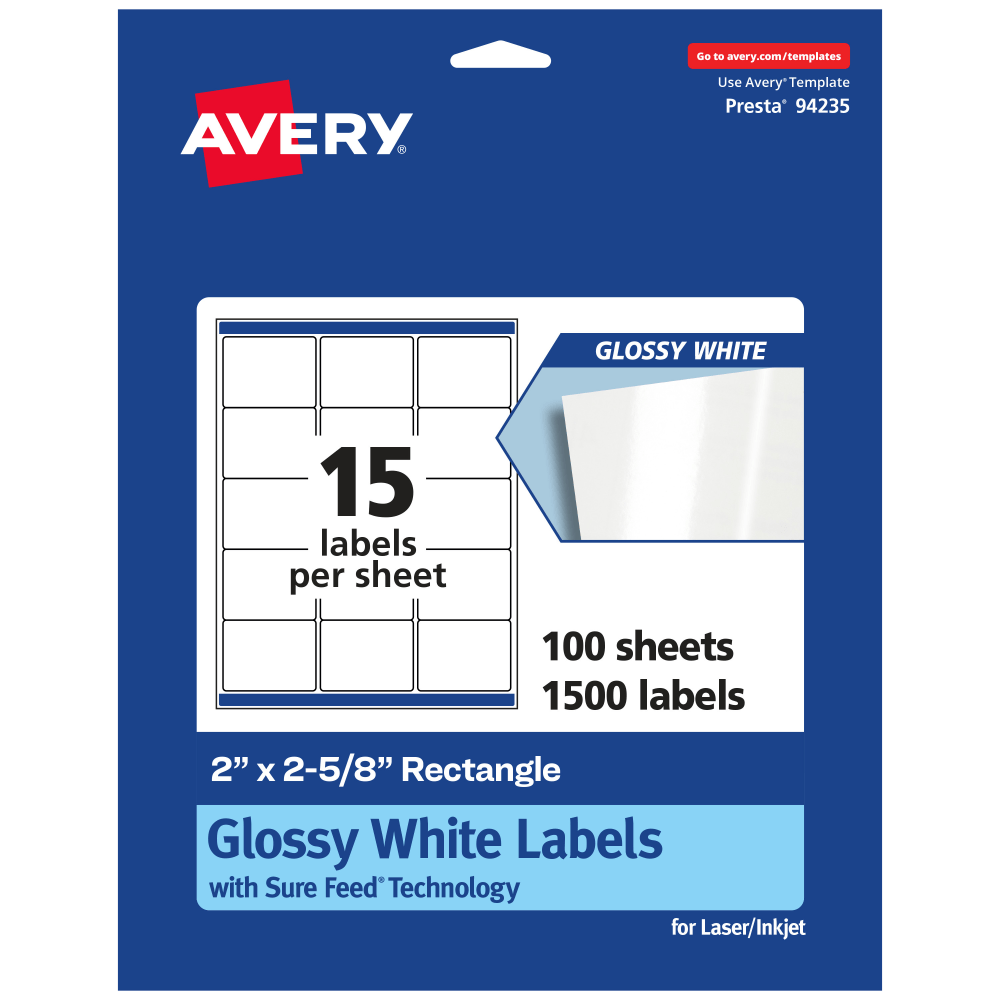 Avery® Glossy Permanent Labels With Sure Feed®, 94235-WGP100,