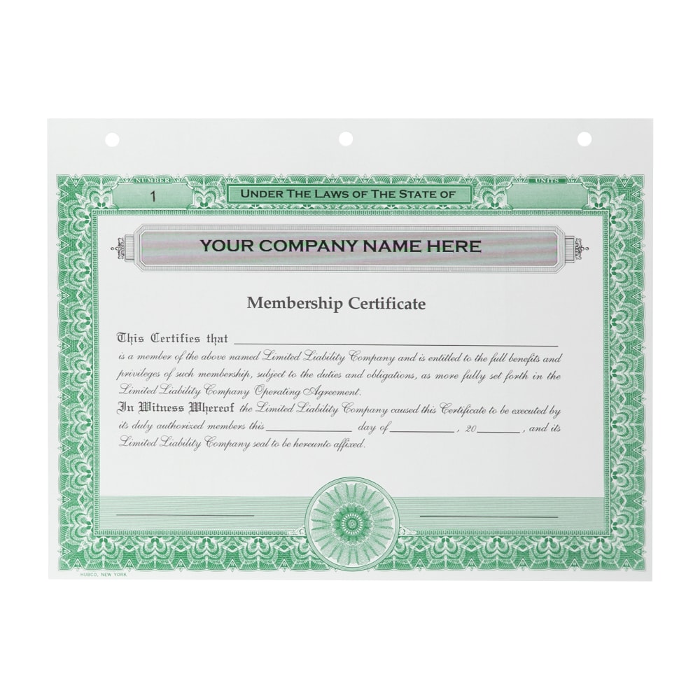 Custom LLC Membership Certificates, 3-Hole Punched, 8-1/2" x