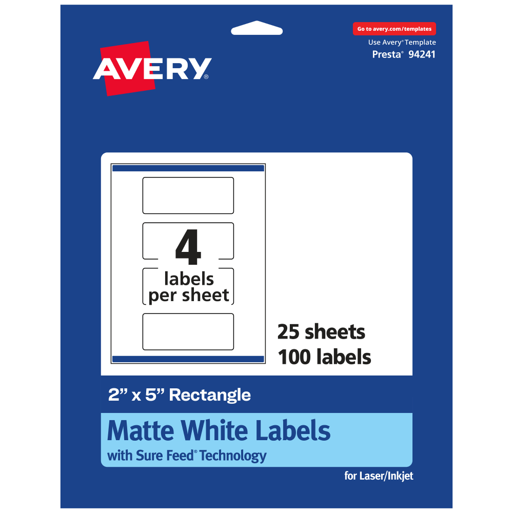 Avery® Permanent Labels With Sure Feed®, 94241-WMP25, Rectangle,