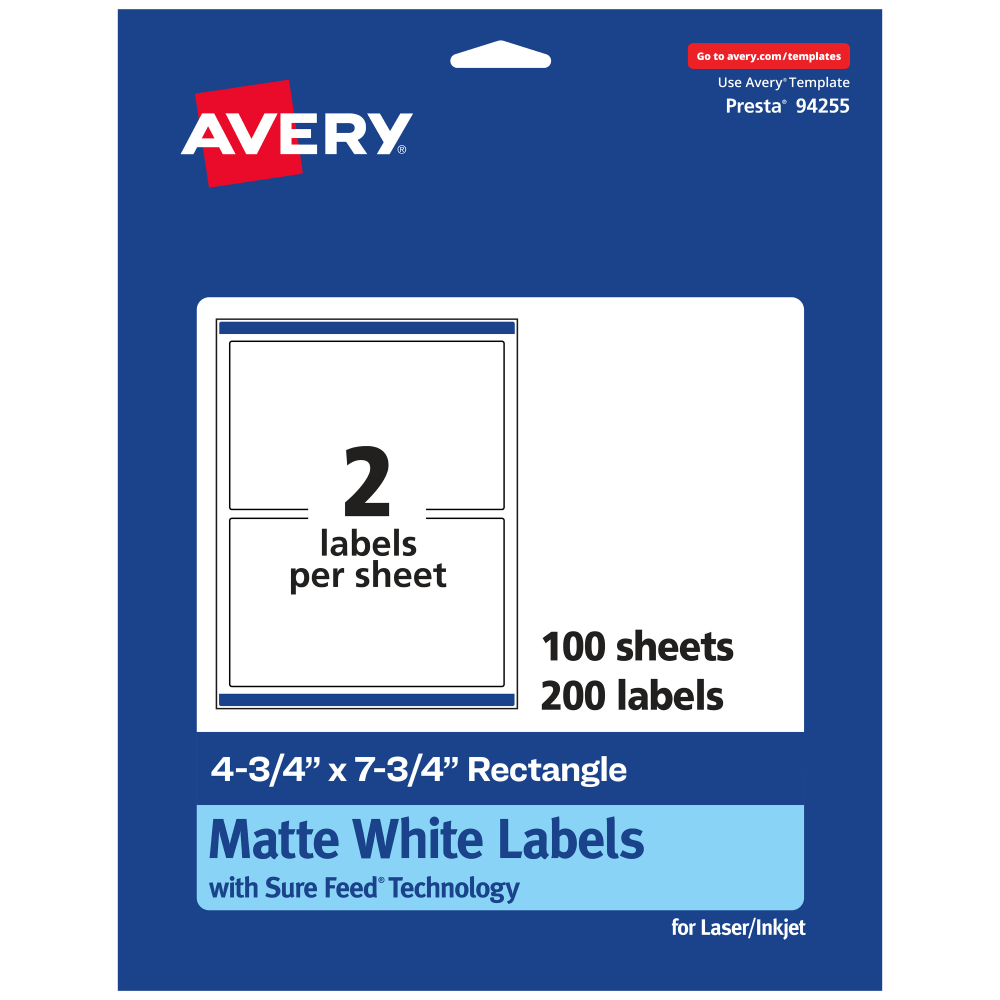 Avery® Permanent Labels With Sure Feed®, 94255-WMP100, Rectangle,