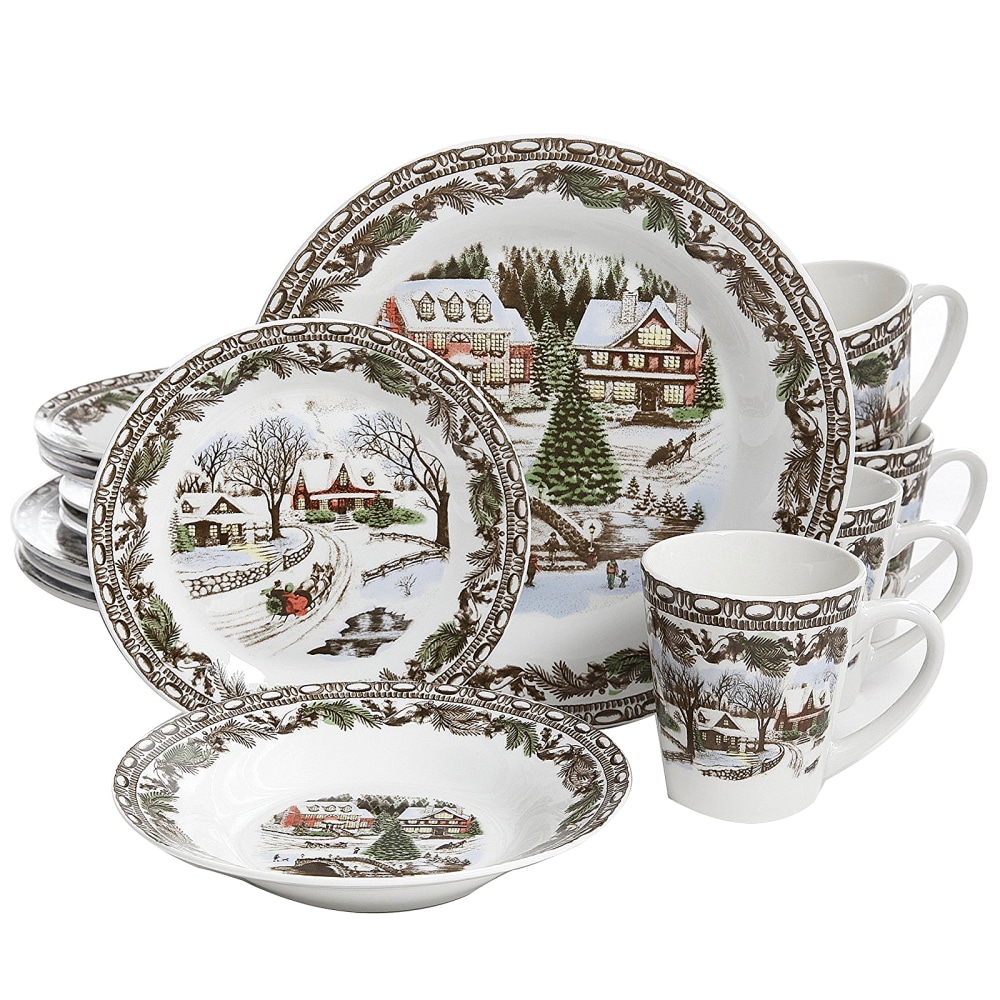 Gibson Home Christmas Toile 16-Piece Dinnerware Set, Home