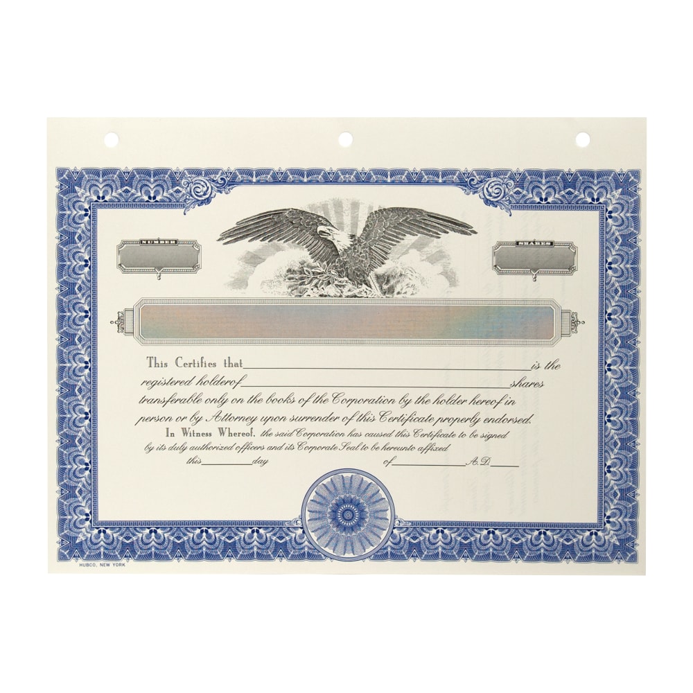 Corporate Stock Certificates, Non-Personalized, 3-Hole Punched, 8