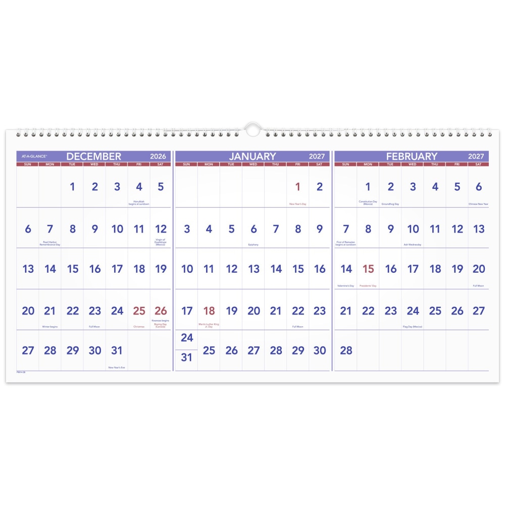 AT-A-GLANCE® 2027 Three Month Reference Horizontal Wall Calendar,