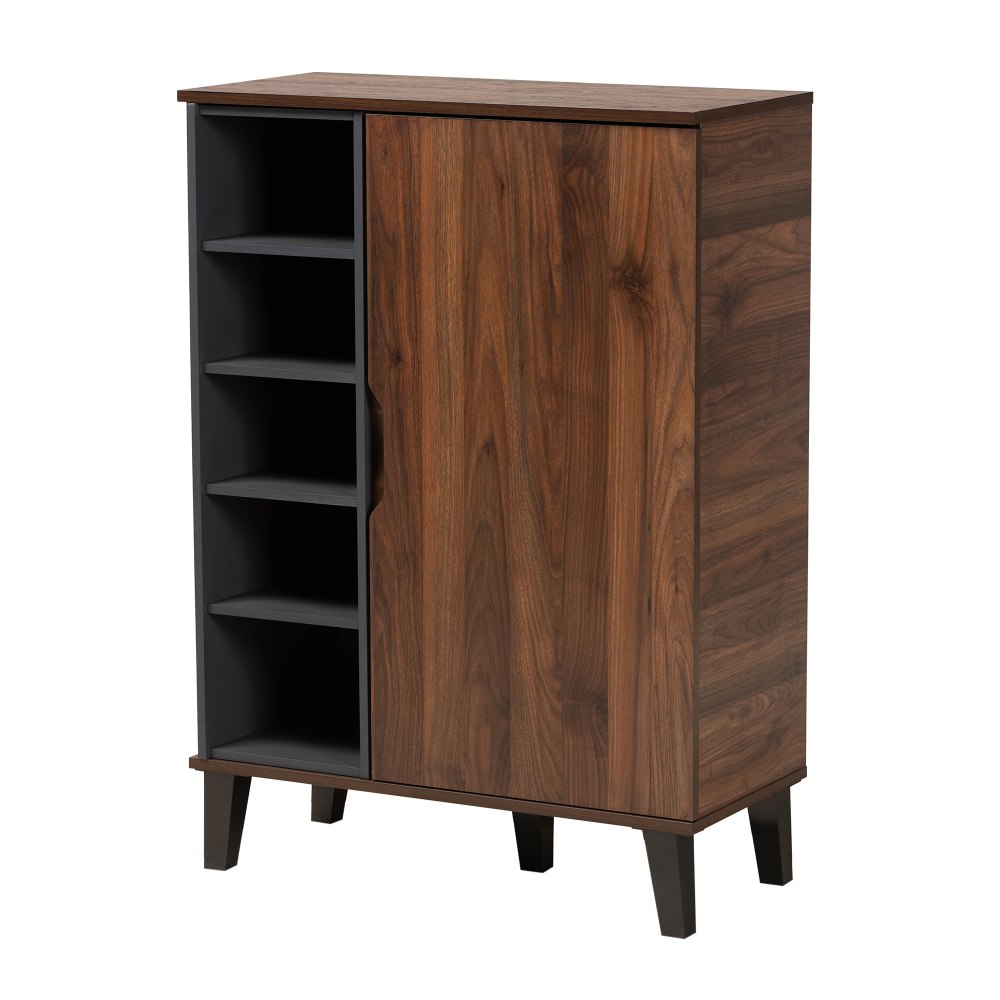 Baxton Studio Idina 2-Tone 1-Door Shoe Cabinet, Walnut/Gray/Dark