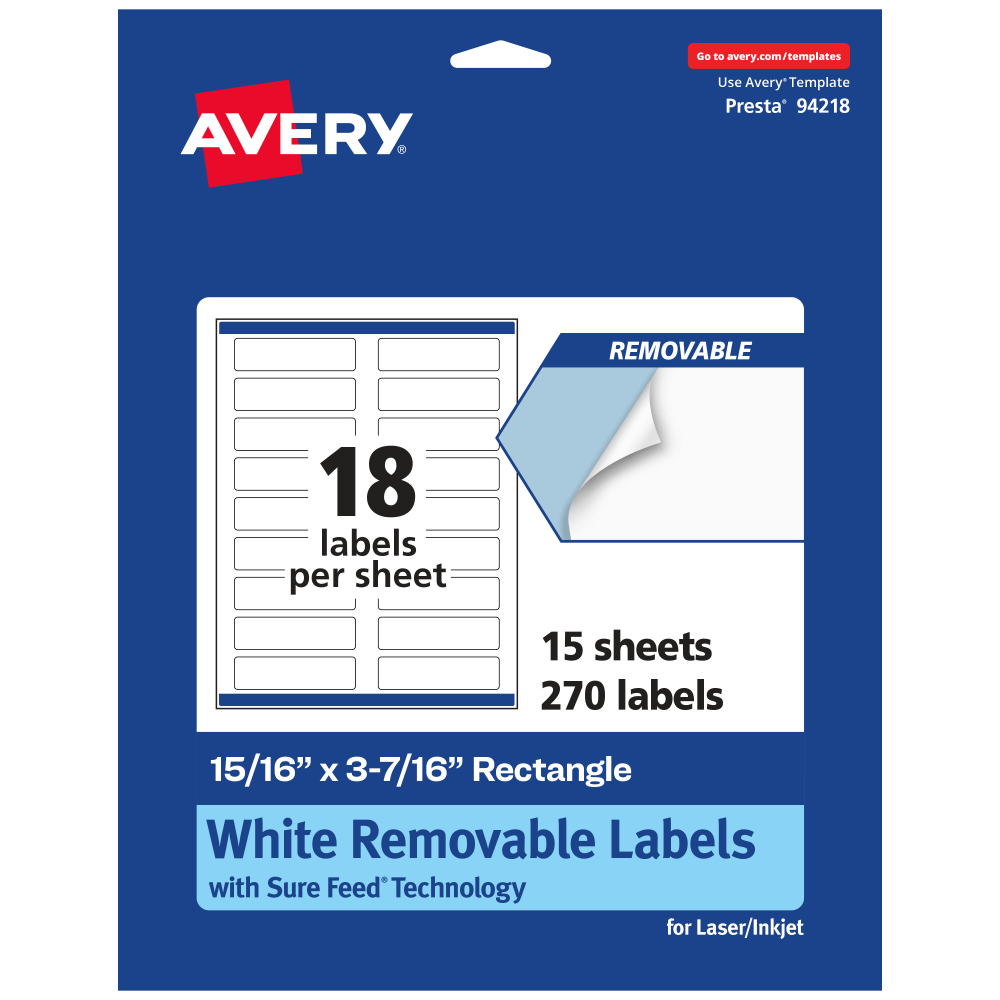 Avery® Removable Labels With Sure Feed®, 94218-RMP15, Rectangle,