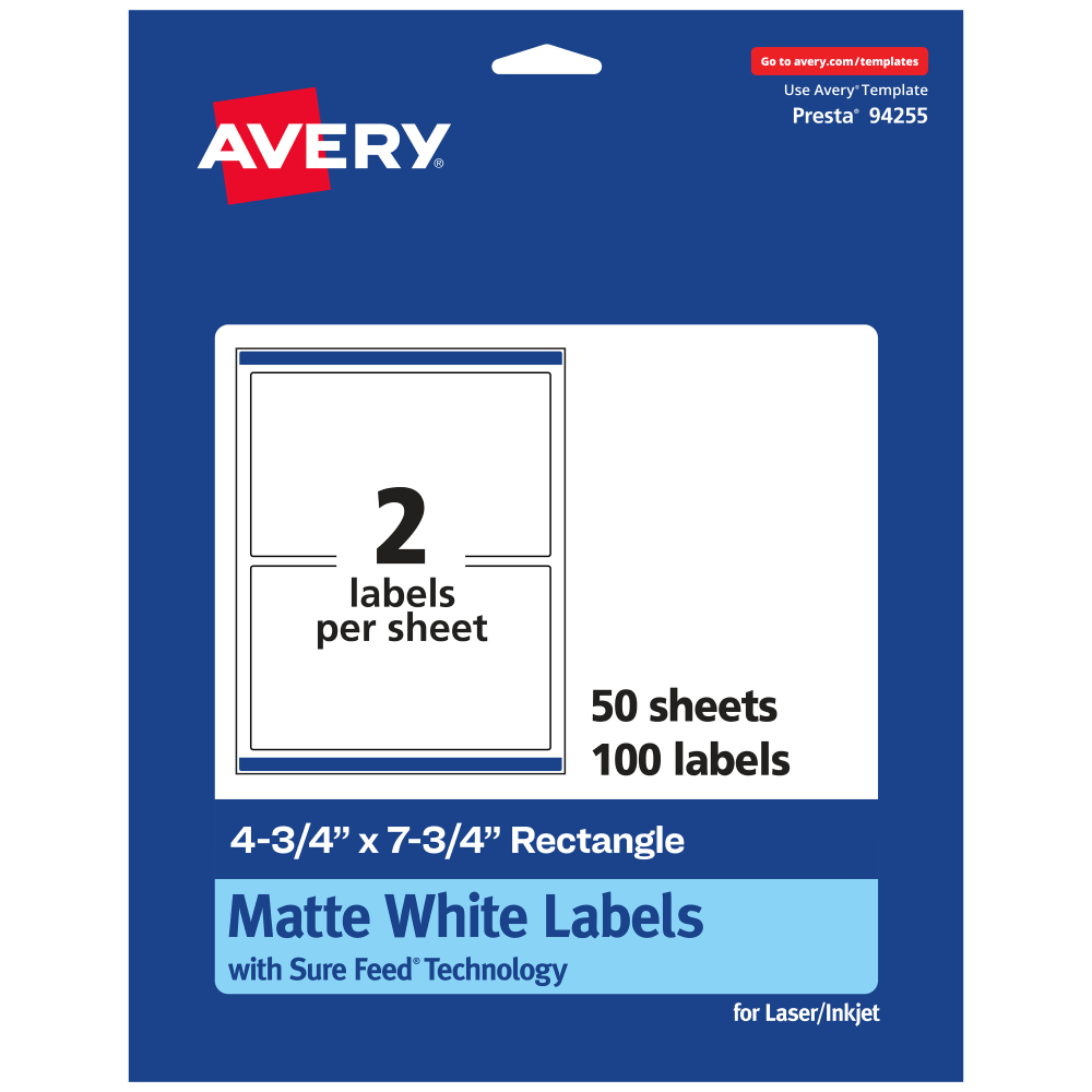 Avery® Permanent Labels With Sure Feed®, 94255-WMP50, Rectangle,