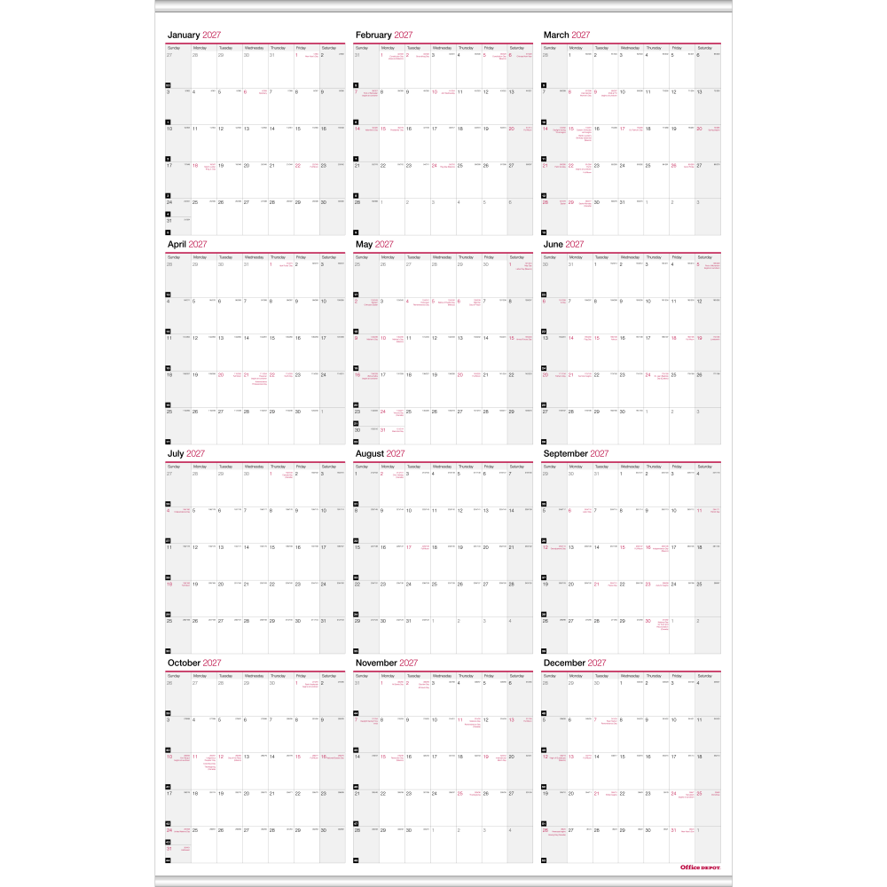 Office Depot Brand Yearly Wall Calendar, 24" x