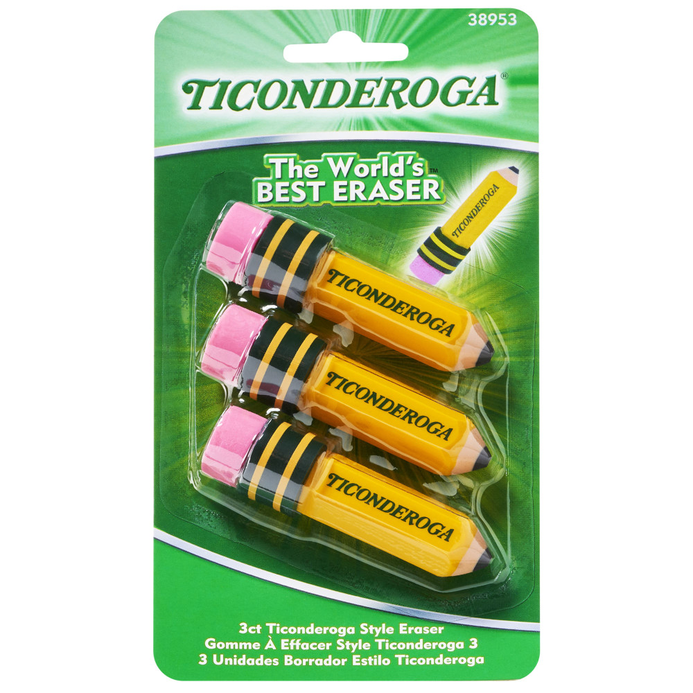 TICONDEROGA ® Erasers, Pencil Shaped, Yellow, 3 ct