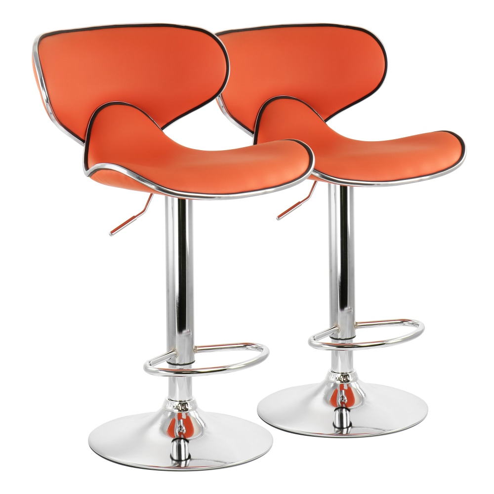 Elama Slim Faux Leather Adjustable Bar Stools, Orange/Chrome,