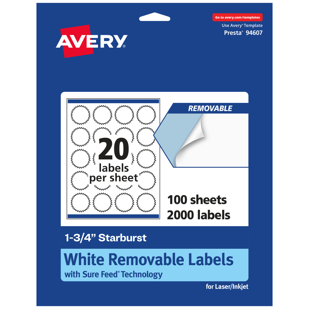 Avery® Removable Labels With Sure Feed®, 94607-RMP100, Starburst,