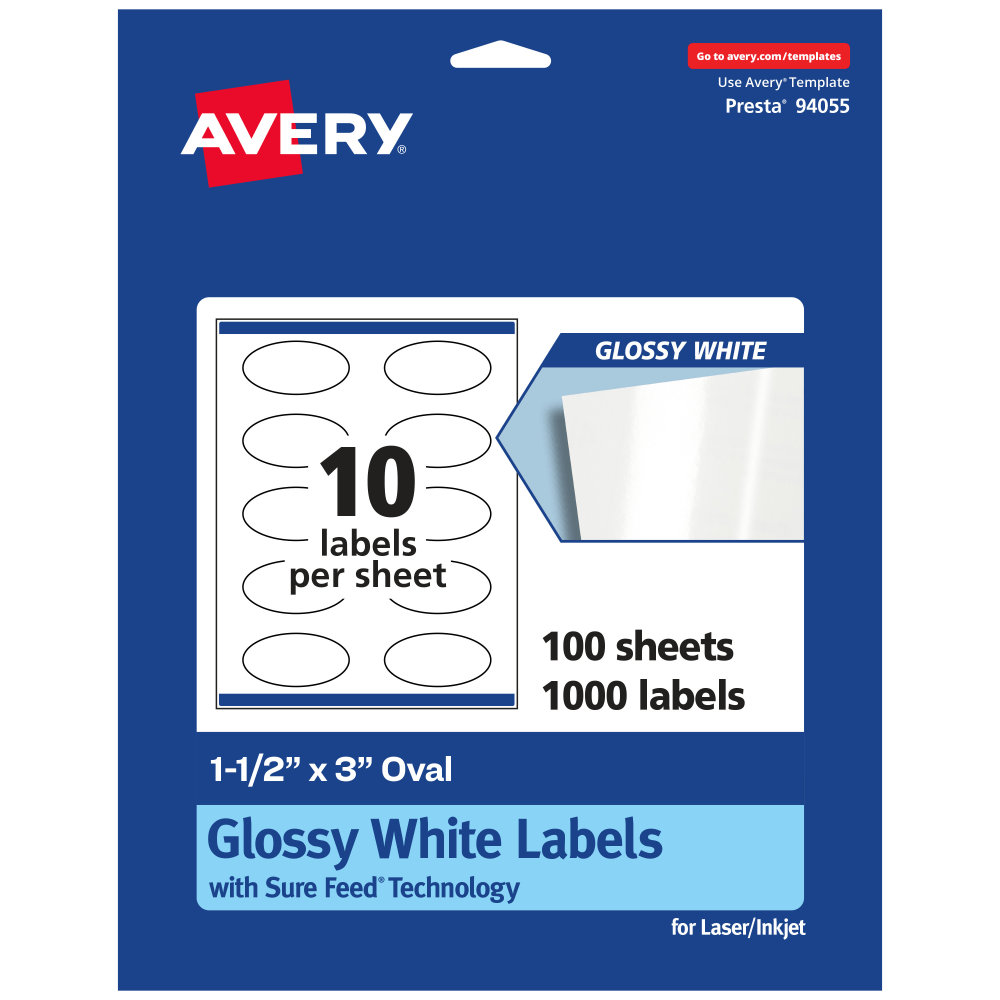Avery® Glossy Permanent Labels With Sure Feed®, 94055-WGP100,