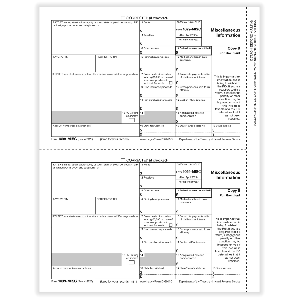 ComplyRight® 1099-MISC Tax Forms, Recipient Copy B, 2-Up,