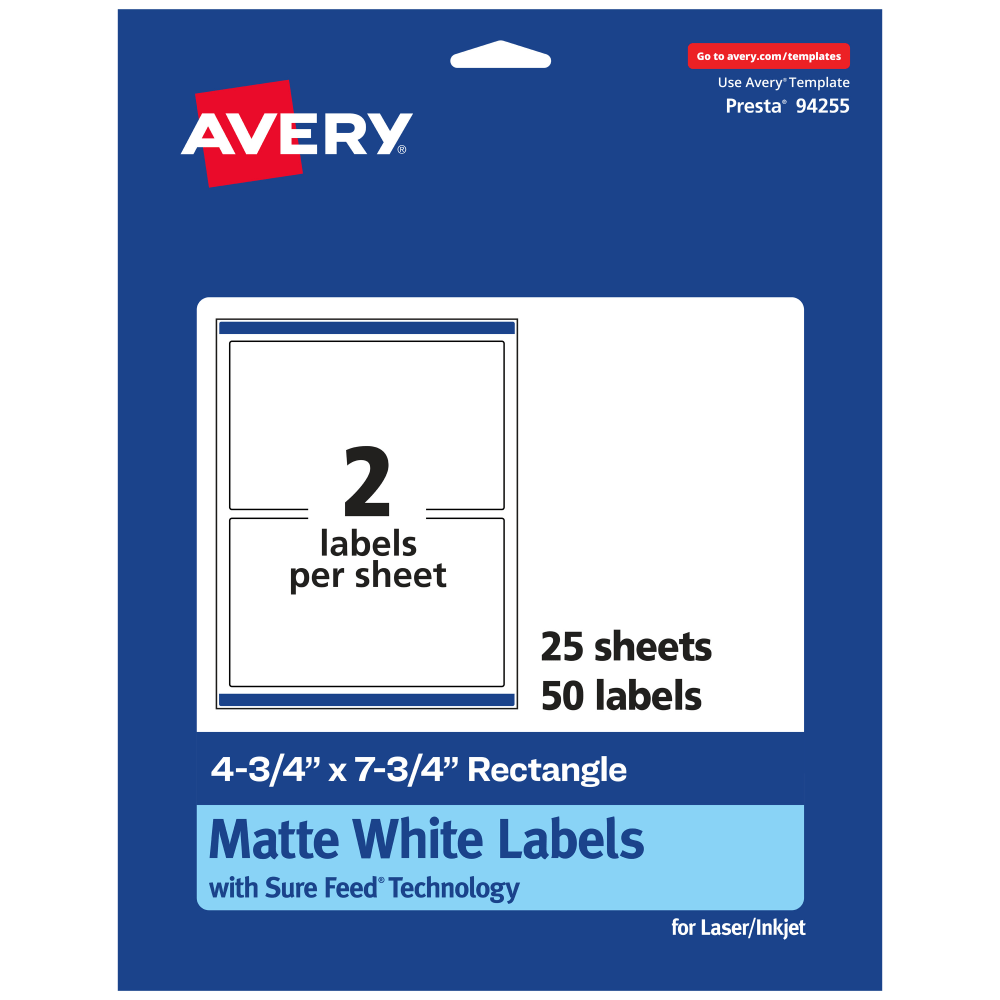 Avery® Permanent Labels With Sure Feed®, 94255-WMP25, Rectangle,