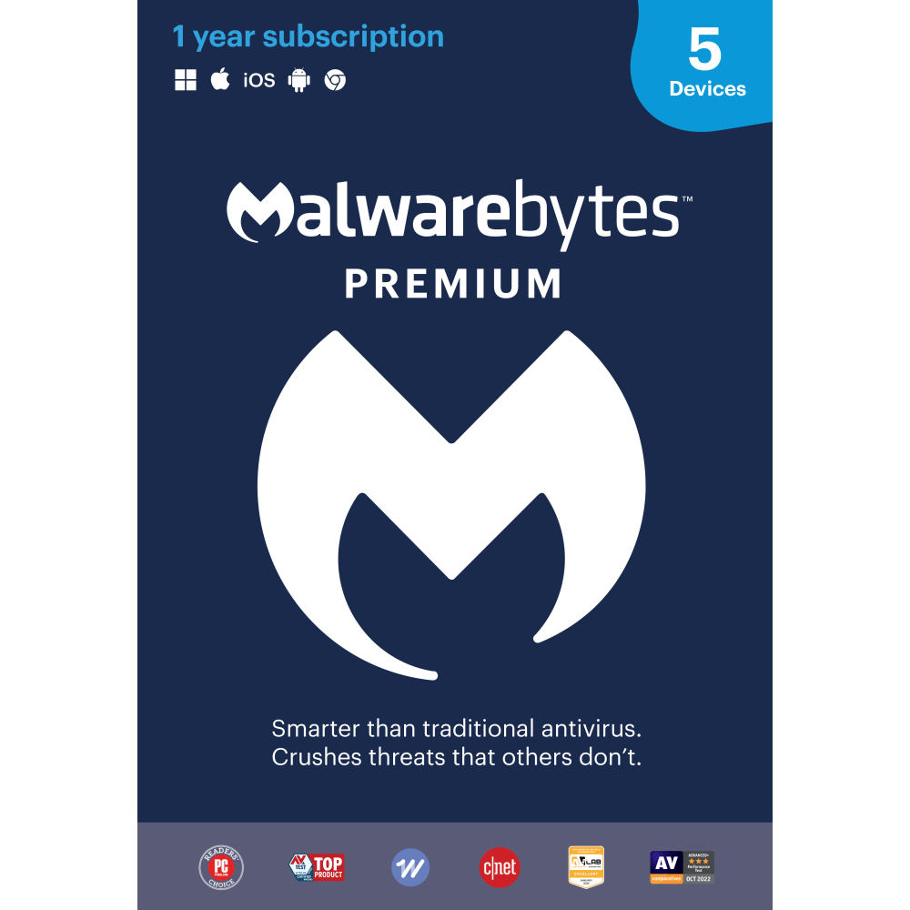 Malwarebytes Premium, For 5 Devices, 1-Year Subscription, For