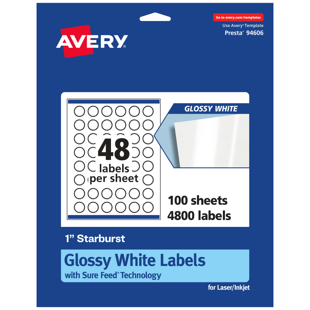 Avery® Glossy Permanent Labels With Sure Feed®, 94606-WGP100,